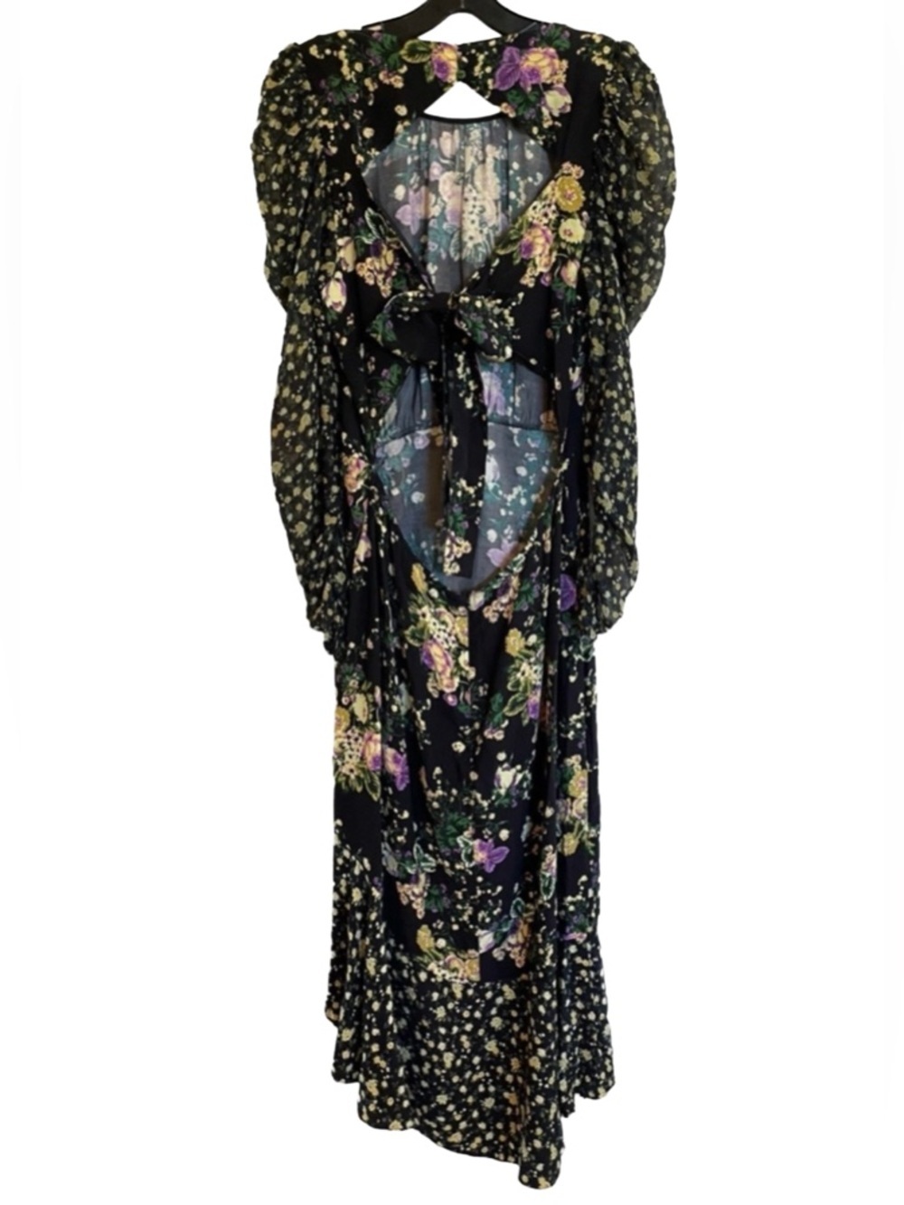 For Love & Lemons Ross Midi Dress Black Floral Open Back Slit L - Picture 4 of 12